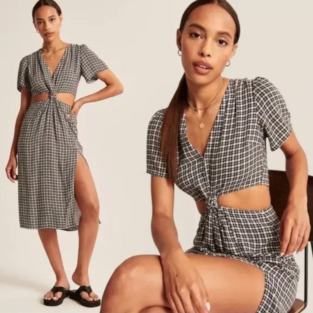 Abercrombie & Fitch | Linen Blend Knot Front Cutout Midi Dress Plaid Size Small